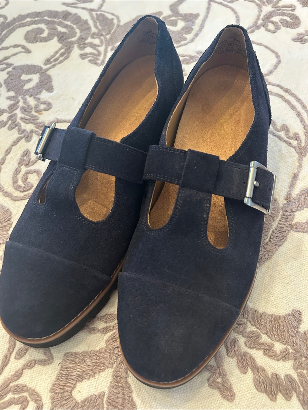 Vionic Navy Suede T-Strap Flats with Buckle